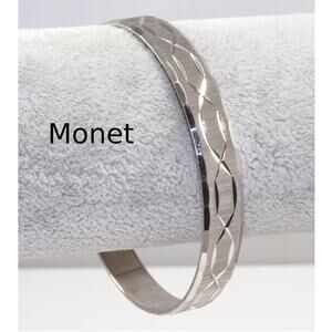 Vintage 1970s Monet Silver Tone Textured Bangle Bracelet, Satin Finish